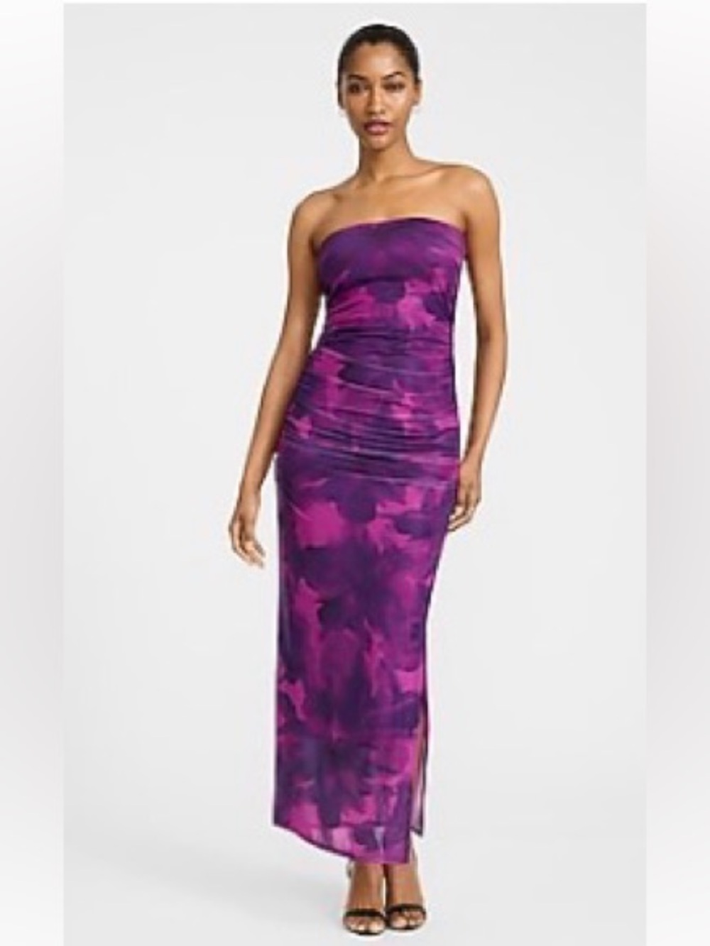 Express Printed Mesh Strapless Ruched Pink and Purple Maxi Dress